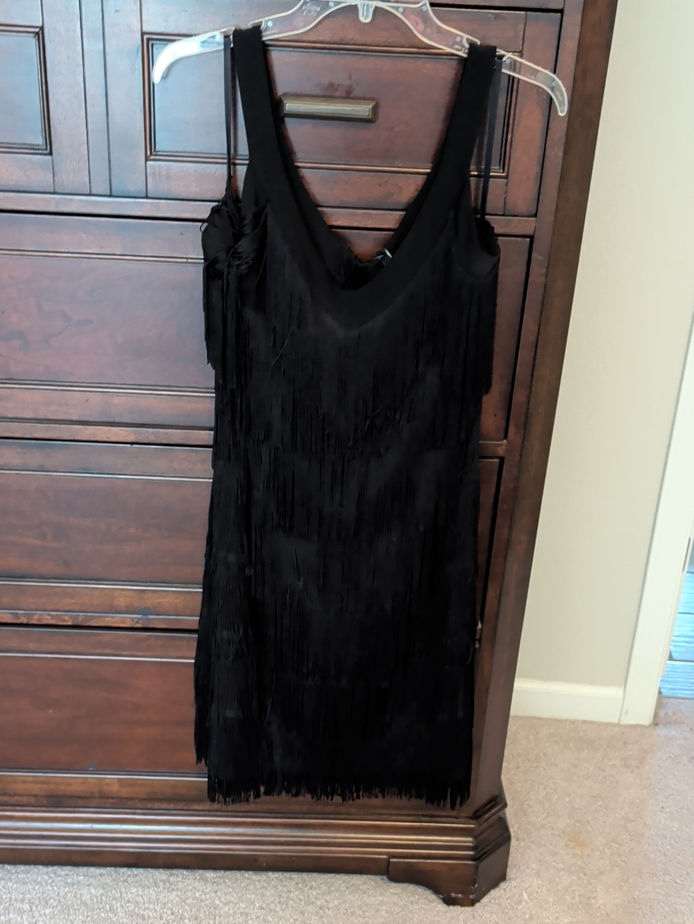 White House Black Market Black Fringe V-Neck Mini Dress
